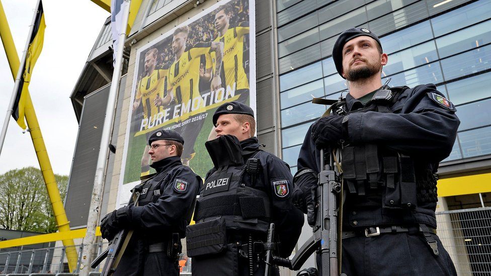 Police secure the stadium prior to the UEFA Champions League quarter final, first leg soccer match between Borussia Dortmund and AS Monaco at the Signal Iduna Park, in Dortmund, Germany, 12 April 2017.