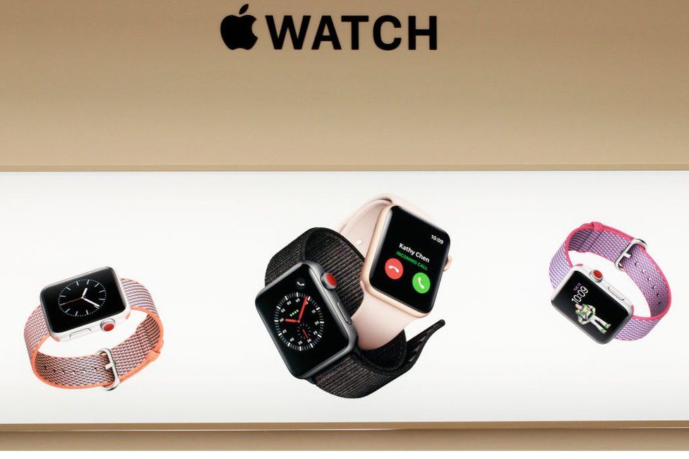 An Apple Watch display at an Apple store in Chicago