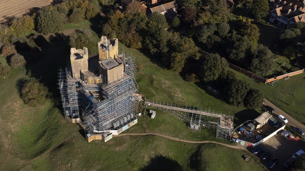 Orford Castle with scaffolding all around it