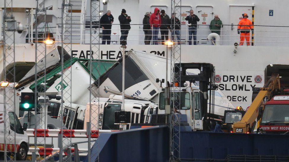 Lorries toppled on ferry