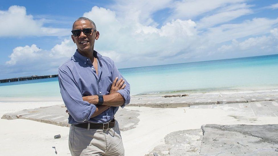 Obama in Hawaii on the beach