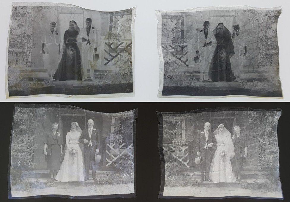 Stuck together negatives showing an unknown couple on their wedding day