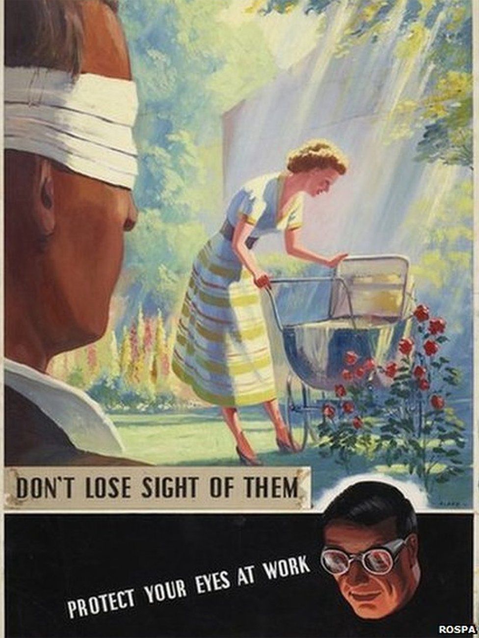 Don’t Lose Sight of Them, Protect Your Eyes at Work, hand-rendered artwork, industrial safety, F Blake, 1954 (RoSPA)