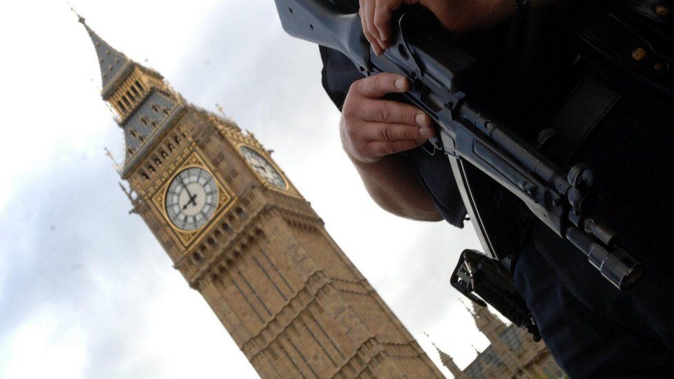 Armed police officer outside Parliament