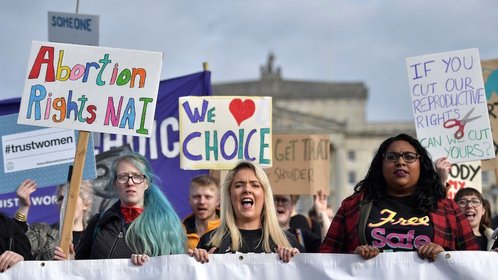 Members of pro-choice group Alliance for Choice make their way to Stormont on 21 October 2019