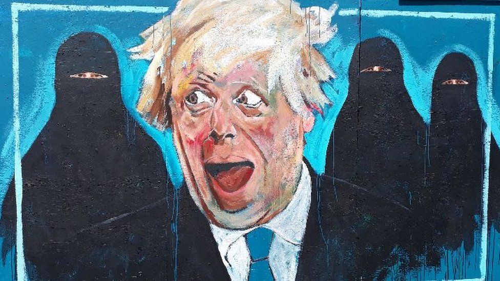 A mural of Boris Johnson and three women in niqabs at Southend seafront