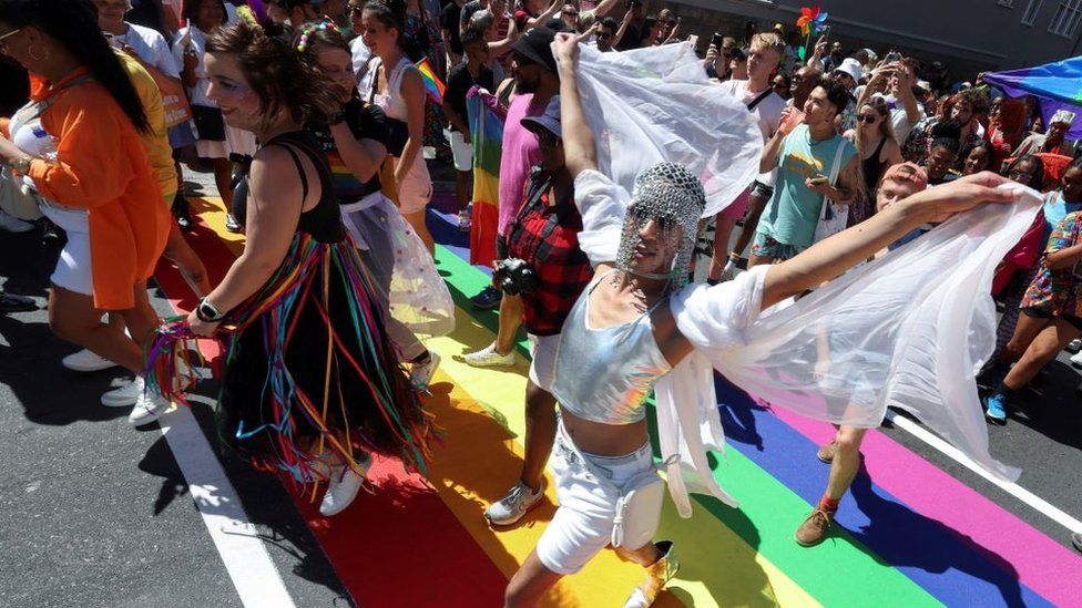 Participants parade through the streets during the annual Cape Town Pride celebrations, in Green Point, South Africa, March 2, 2024