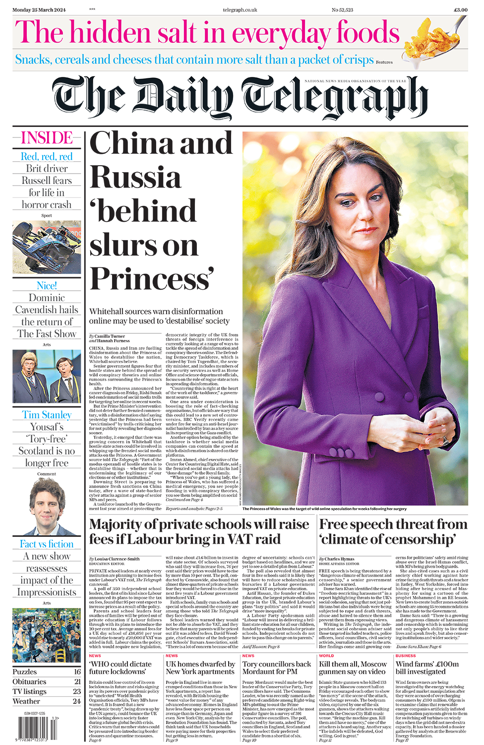 《每日电讯报》头版的主要标题是： "中国和俄罗斯“诽谤公主”"