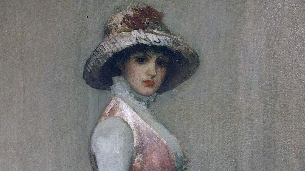 A print of Whistler's portrait of Lady Meux - Harmony in Pink and Gray
