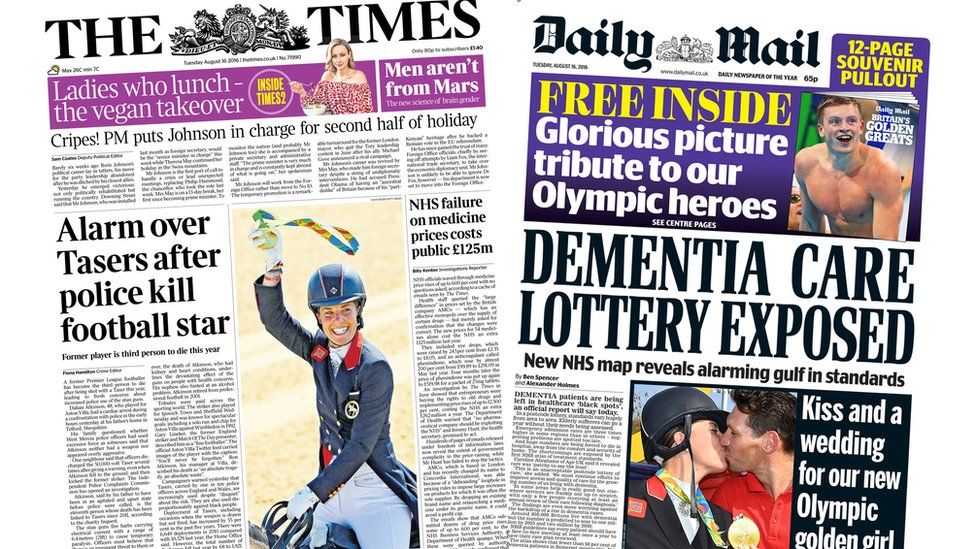 Times, Daily Mail front pages for 16/08/16