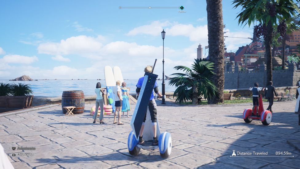 Cloud Strife is seen from behind, riding a two-wheeled device along a cobbled seaside promenade. It's sunny, with palm trees, and we can see other people milling around in summer wear - it has a resort feel to it.