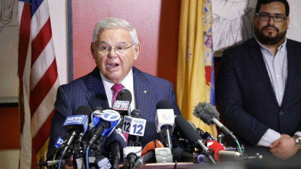 US Senator Bob Menendez speaks during a news conference at Hudson County Community College's North Hudson Campus in Union City, New Jersey, on September 25, 2023.