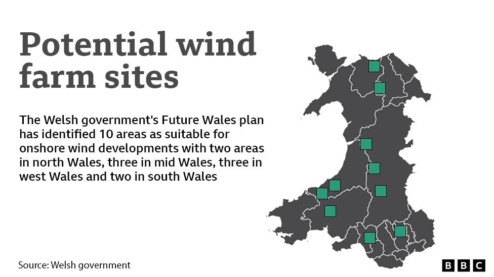 Map showing the 10 areas in Wales identified as suitable for onshore wind developments - two in north Wales, three in mid Wales, three in west Wales and two in south Wales