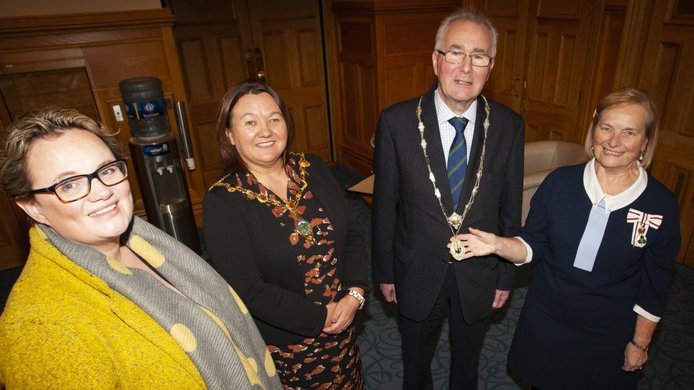The Mayor of Derry City and Strabane District Council, Cllr Michaela Boyle pictured with the new High Sheriff of Derry City, Richard Doherty at his installation at the Mayor’s Parlour, Guildhall this afternoon. Also included from left is Julia Keys, Outgoing High Sheriff, and on right, Dr. Angela Garvey, Lord Lieutenant of the County Borough of Londonderry