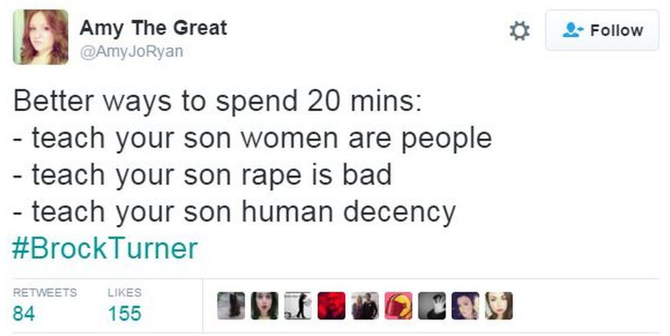 Screen grab from Twitter user Amy The Great reads: "Better ways to spend 20 minutes: teach your son women are people, teach your son rape is bad, teach your son human decency"
