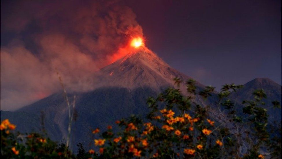 A view of the Fuego volcano eruption at sunrise, seen from El Rodeo, Escuintla, Guatemala, 19 November 201