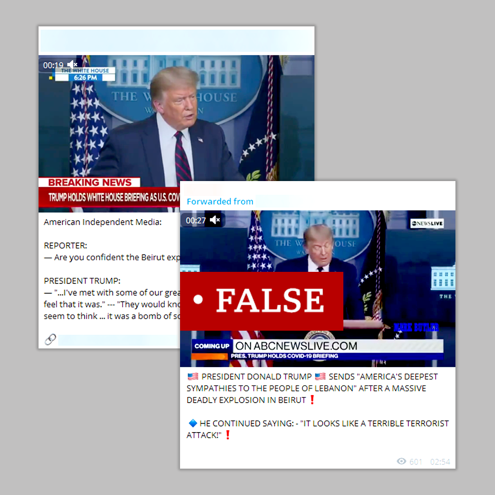 Two screenshots labelled "false" featuring Donald Trump at a press conference with fabricated quotes attributed to him suggesting the US president called the explosion a terrorist attack