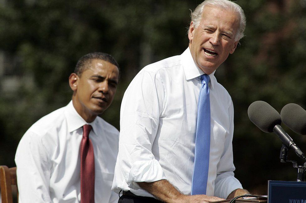 Mr Biden speaks in 2008 after being formally introduced as Barack Obama's running mate