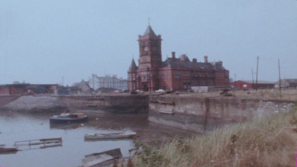 Pierhead building in a derelict Cardiff Bay circa 1977
