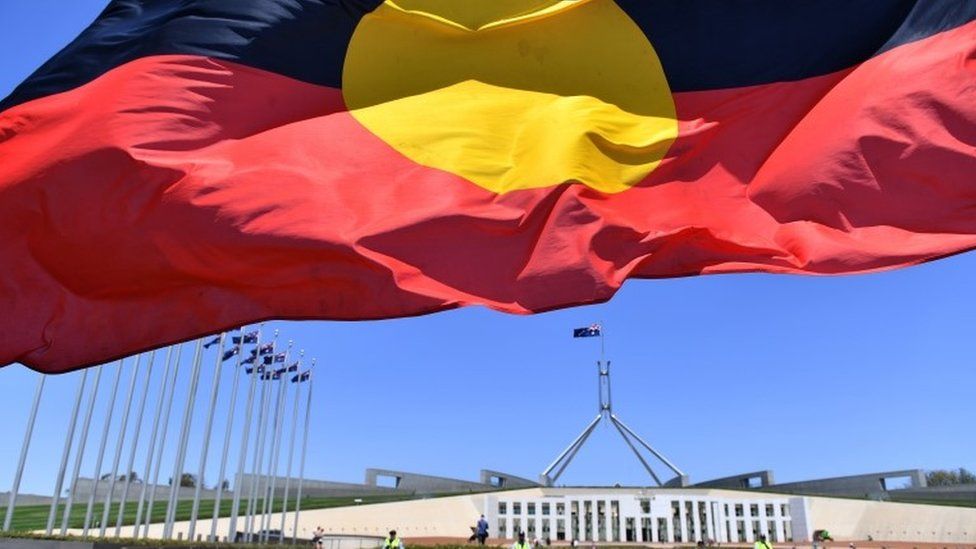 Aboriginal flag in front of Australia's parliament