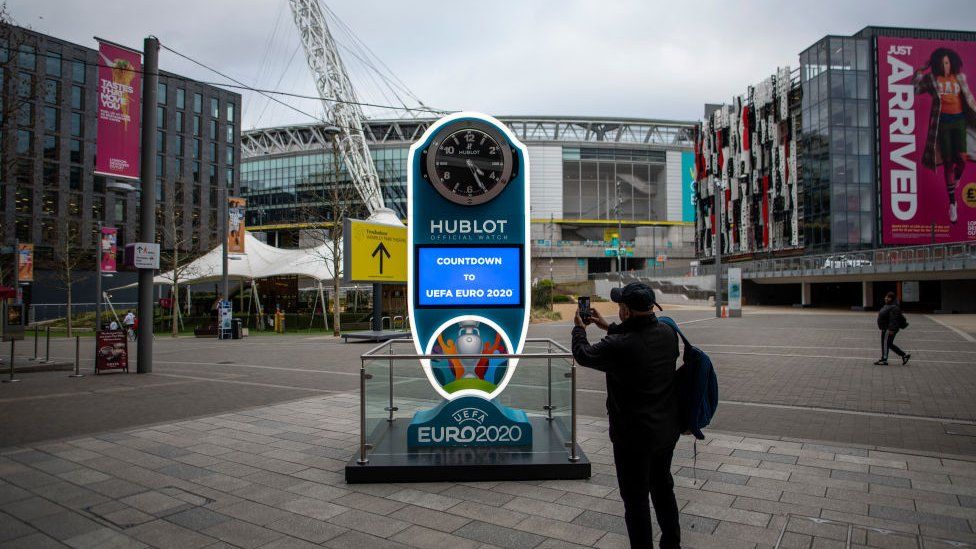 Clock showing countdown to Euro 2020 at Wembley Stadium.