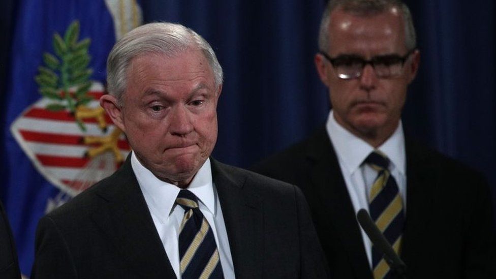 US Attorney General Jeff Sessions (L) and former FBI deputy director Andrew McCabe (R)