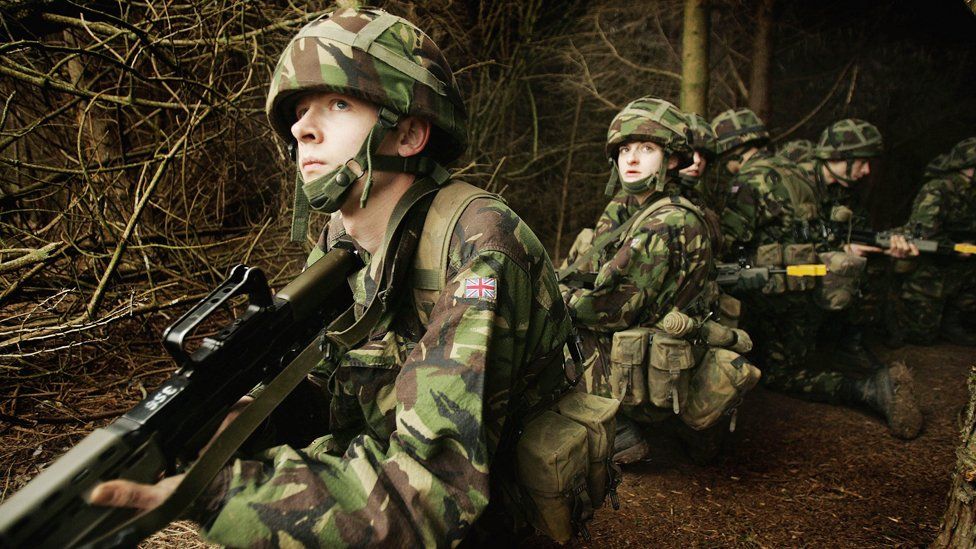 Army recruits go through basic training at the Army Training Regiment on March 9, 2005 in Winchester, England