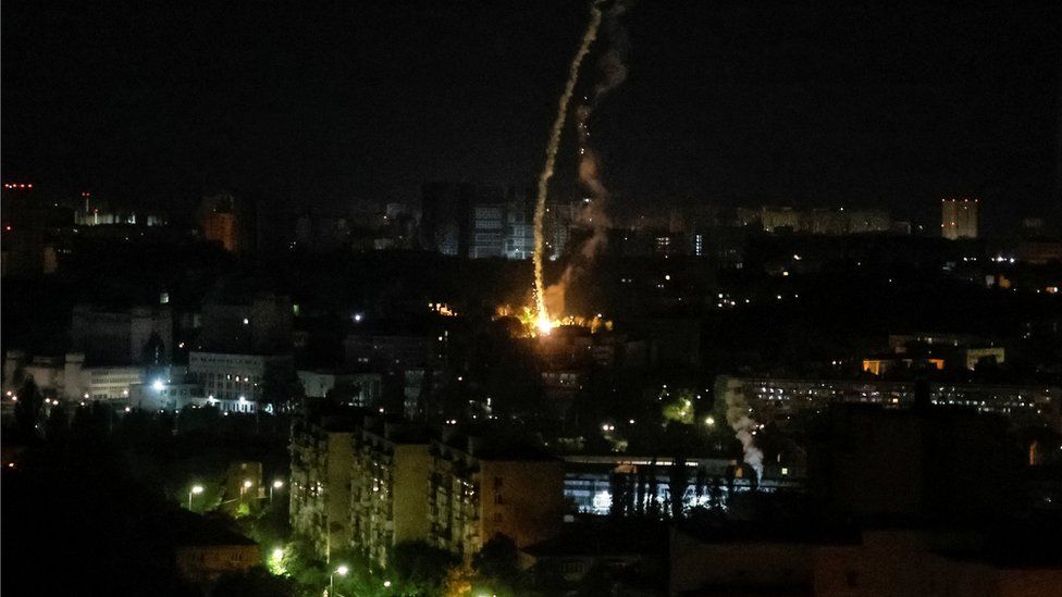 The fires from missile debris in Kyiv