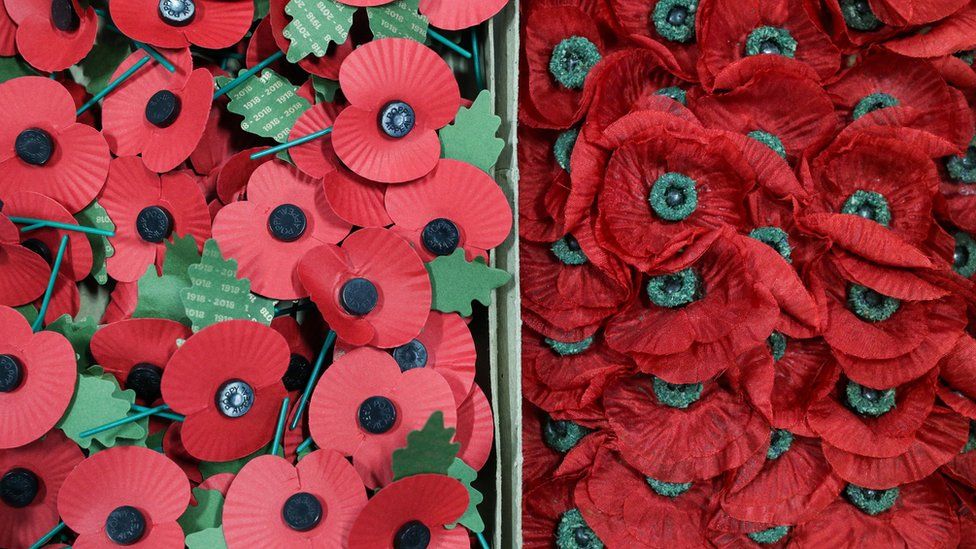 A box of present day poppies (left) next to a box of poppies, which are believed to date back to before the Second World War, which were found in an old suitcase in Cardiff a week before Armistice day