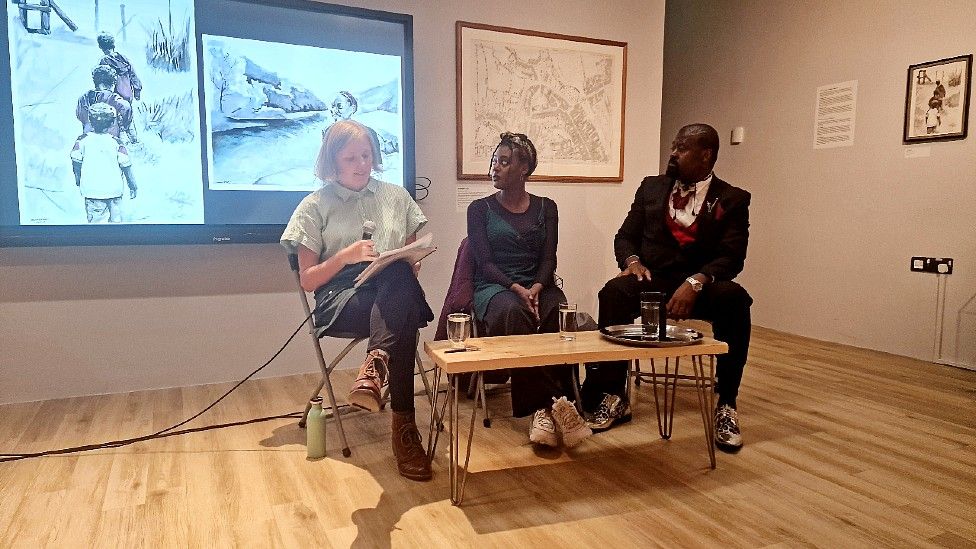 Ellie King, Jasmine Violet and Mfikela Jean Samuel at a talk about their work at the Riverside gallery
