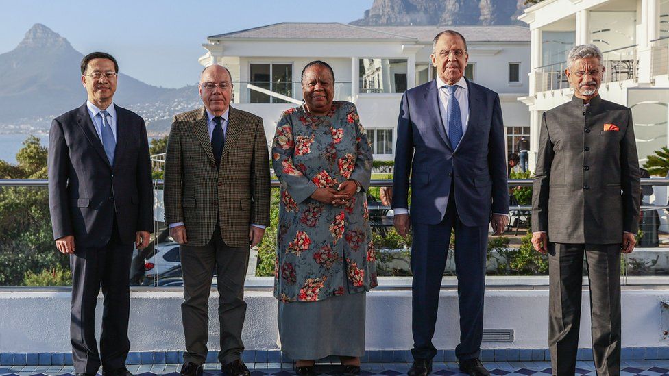 The overseas   ministers of China, Brazil, South Africa, Russia and India astatine  a Brics overseas   curate  gathering  successful  Cape Town