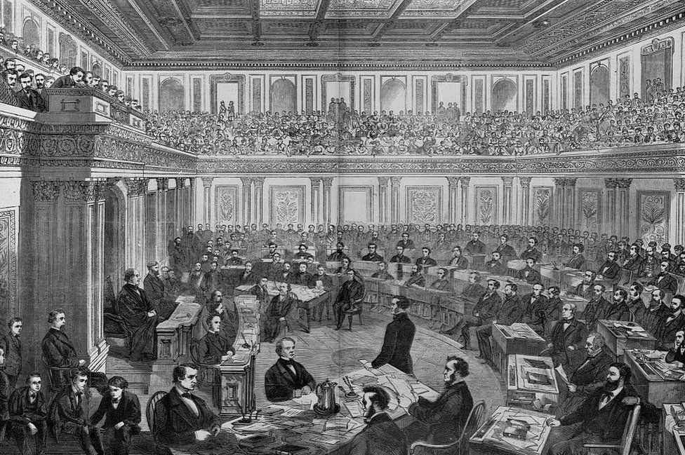 A wood engraving shows the Senate trial of Andrew Johnson
