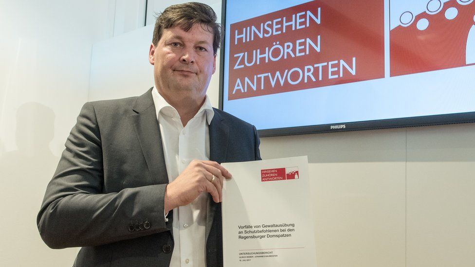 Lawyer Ulrich Weber, in charge of an investigation into an abuse scandal at the Regensburger Domspatzen boy's choir, presents his report during a press conference in Germany, 18 July 2017