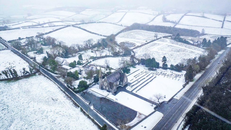 Snow covered fields and roads surrounding St. Andrew's Church in Killaney, Lisburn, Co Down