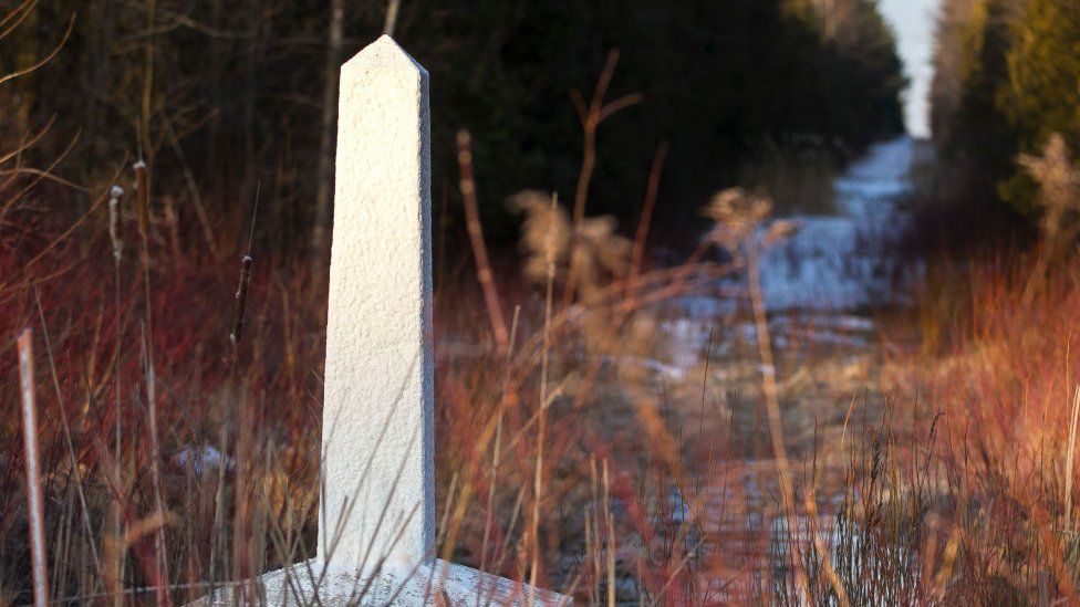 A small stone pole amongst plants marks the border