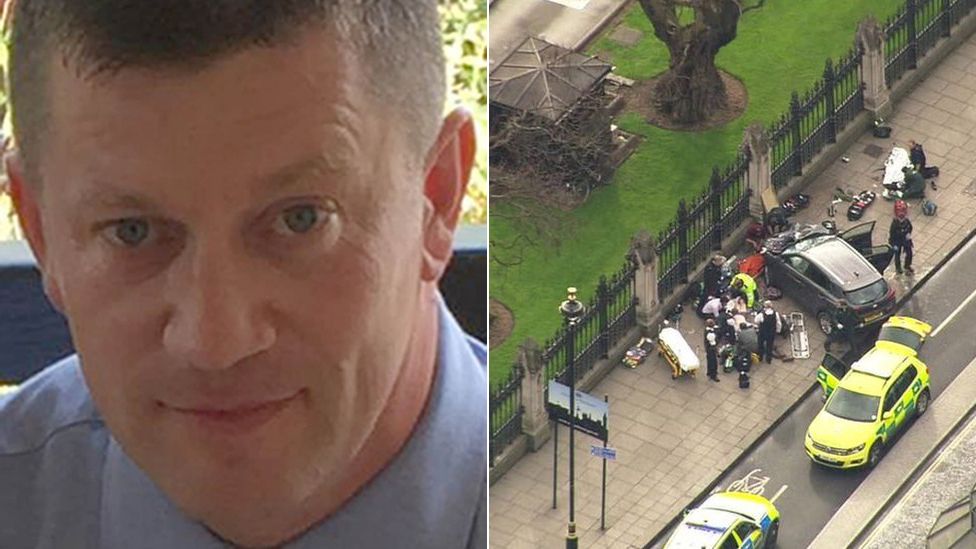PC Keith Palmer and scene of Westminster terror attack