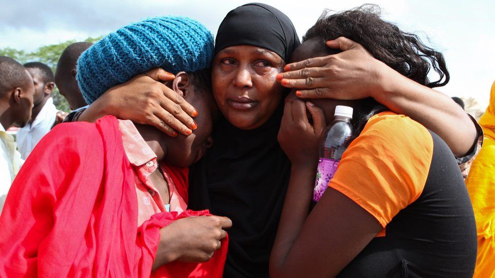 Some of the Garissa University students who were rescued, comfort each other at the Garissa military camp