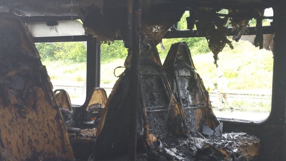 Inside the burnt out bus.