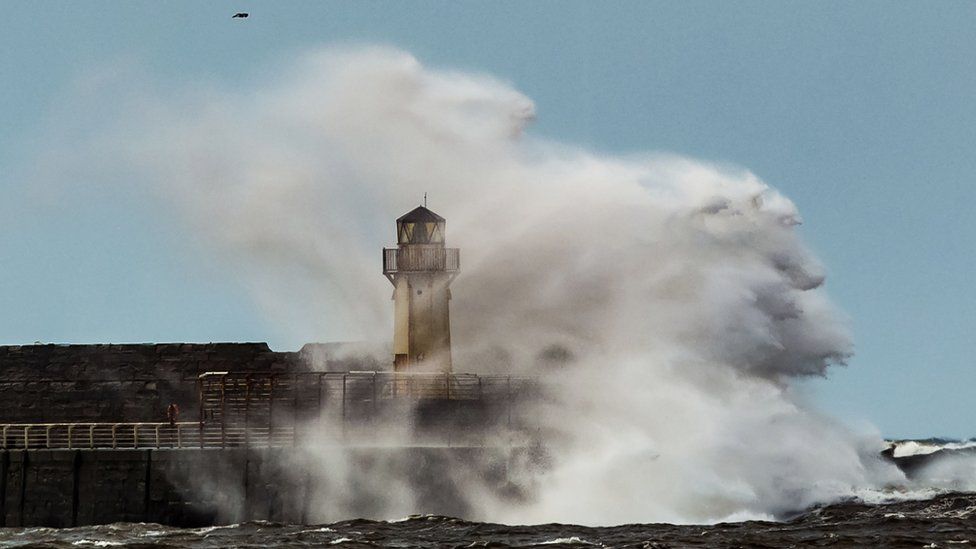Waves breaking on the sea front in Ardrossan, Scotland, as Storm Gertrude hits the UK