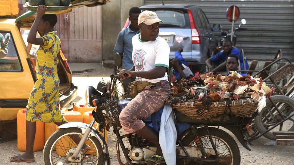 A man carries chickens on his motorcycle at a market in Cotonou, Guinea - 2015