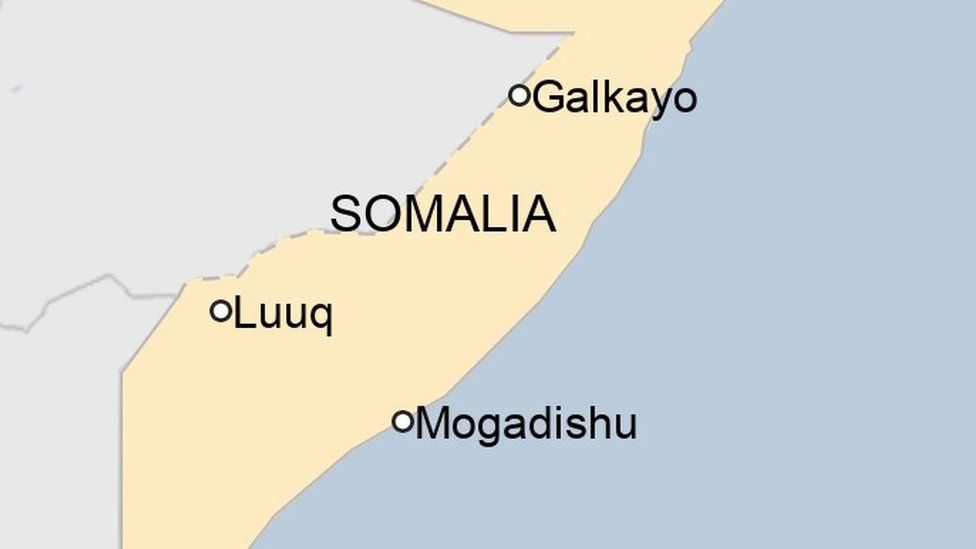 Map of Somalia showing Mogadishu, Galkayo and Luuq