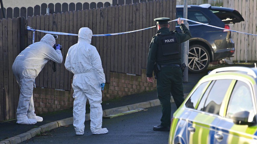 Police and the forensic officers at the scene in Newry