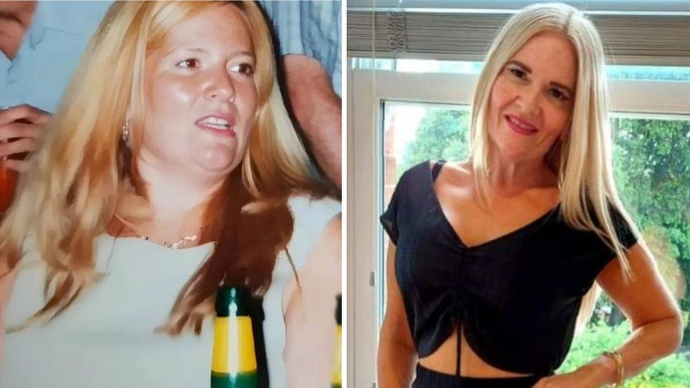 Sarah Jane Clark both before and after losing weight, in exercise gear