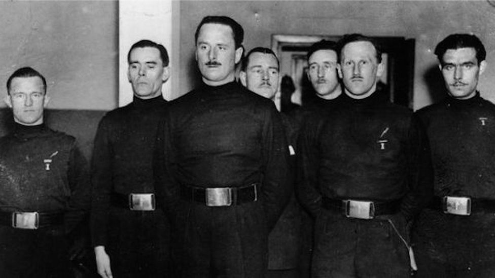 William (Lord Haw Haw) Joyce (left) with Oswald Mosley (middle) and other members of the British Union of Fascists