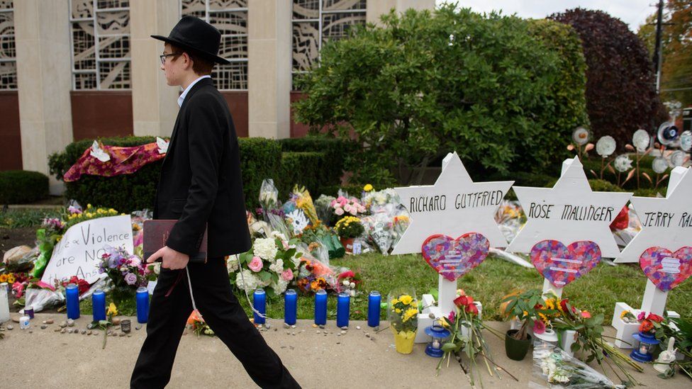 Flowers outside the synagogue in Pittsburgh