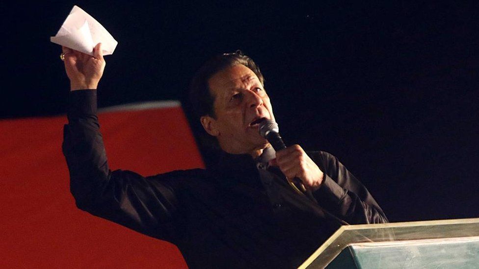 Imran Khan, former Prime Minister and head of the opposition political party Pakistan Tehrik-e-Insaf, addresses supporters during a by-election campaign for a seat of National Assembly in Karachi, Pakistan, on 14 October 2022