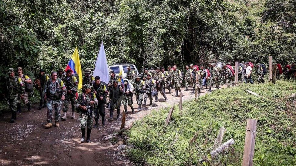 FARC guerrillas column arriving to hand on their weapons in Buenos Aires, Cauca department, Colombia on January 1, 2017.