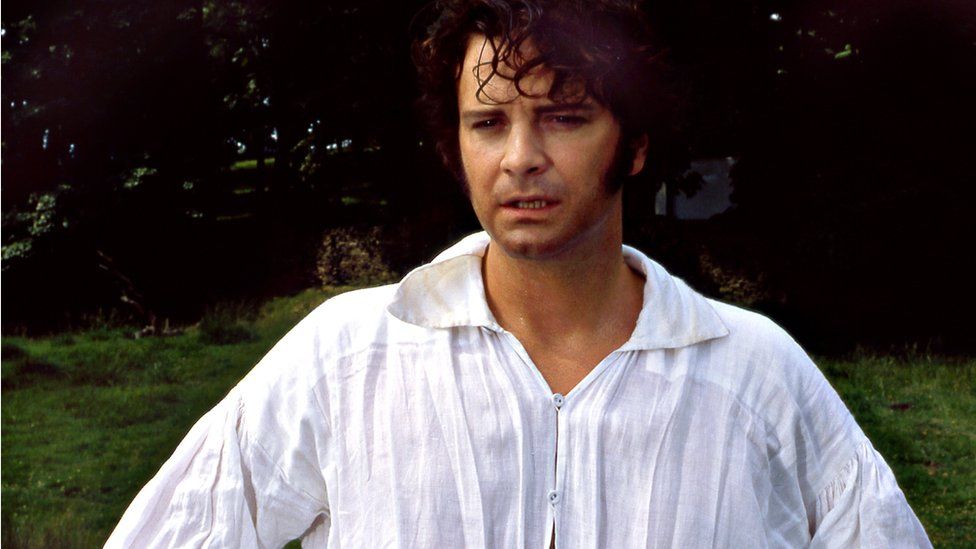 Colin Firth as Mr Darcy, emerging from a lake in a wet shirt in the 1995 series