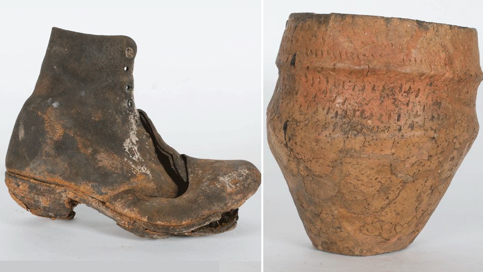 Victorian child's boot and Bronze Age cremation urn
