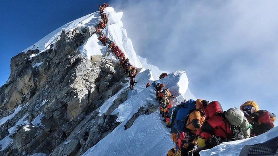 A long queue of climbers leading to the Everest peak